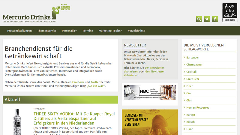 Referenzen: Web-Entwicklung, TYPO3, TYPO3-Extension. Website: MERCURIO DRINKS